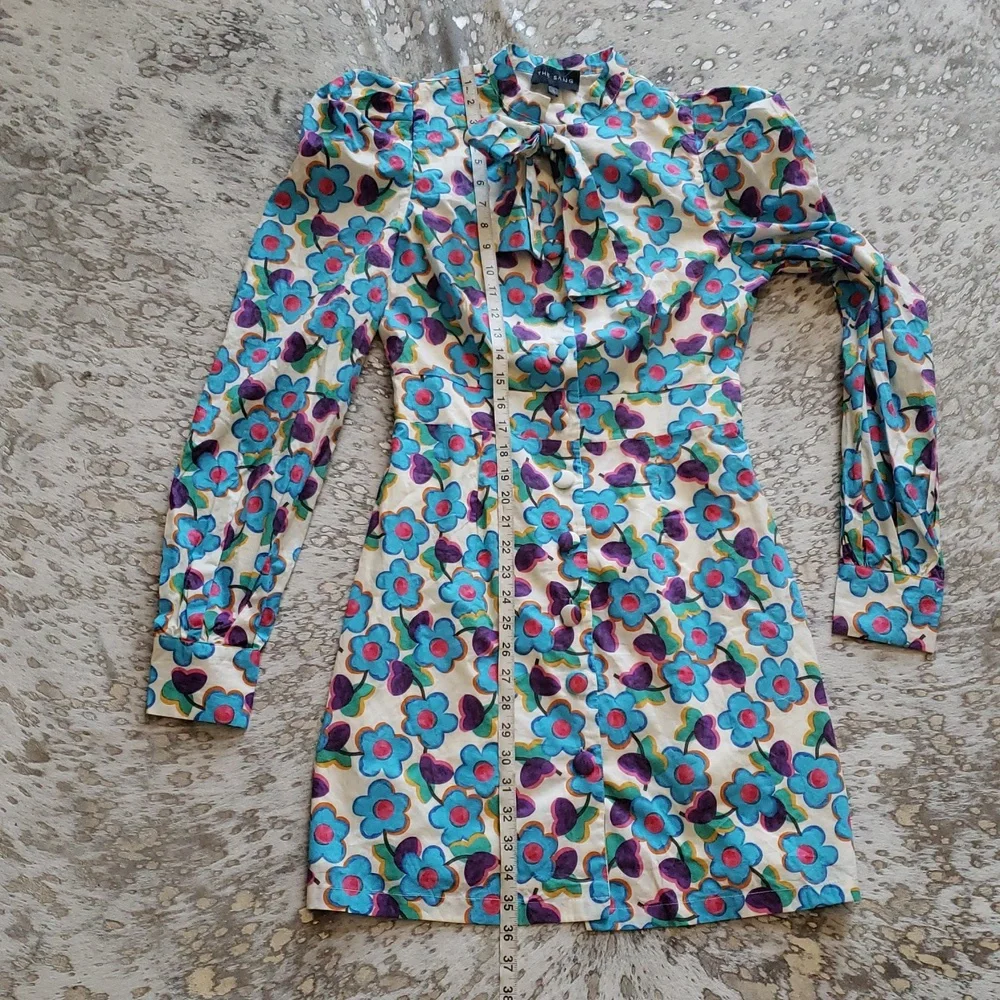 The Sang Pop Art Floral Puff Sleeve Mini Dress PussyBow SzM